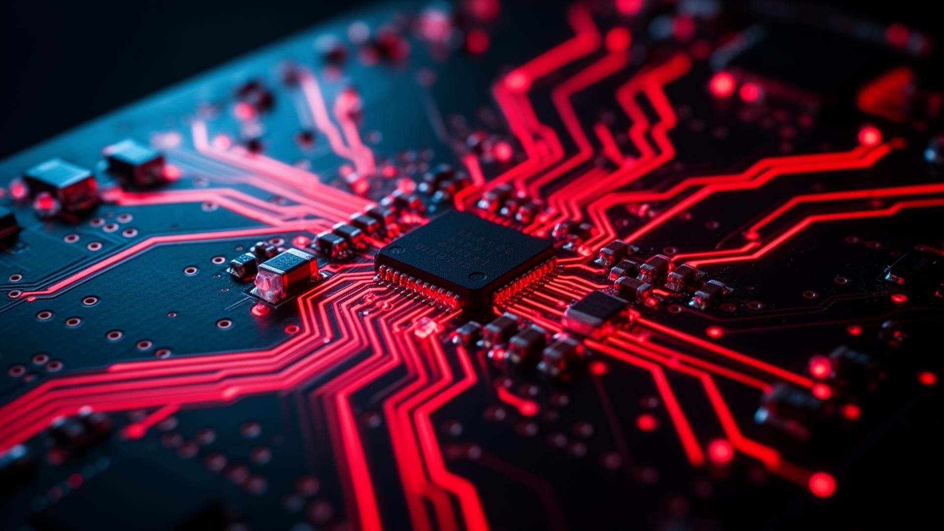 Trilhas de circuito vermelhas iluminadas representando o stack ofensivo