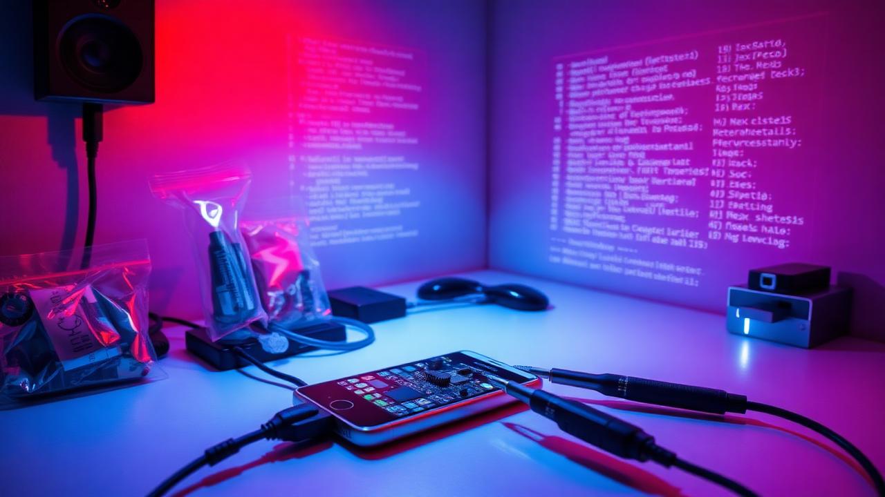 Laboratório forense digital com smartphone conectado a equipamento chip-off e evidências