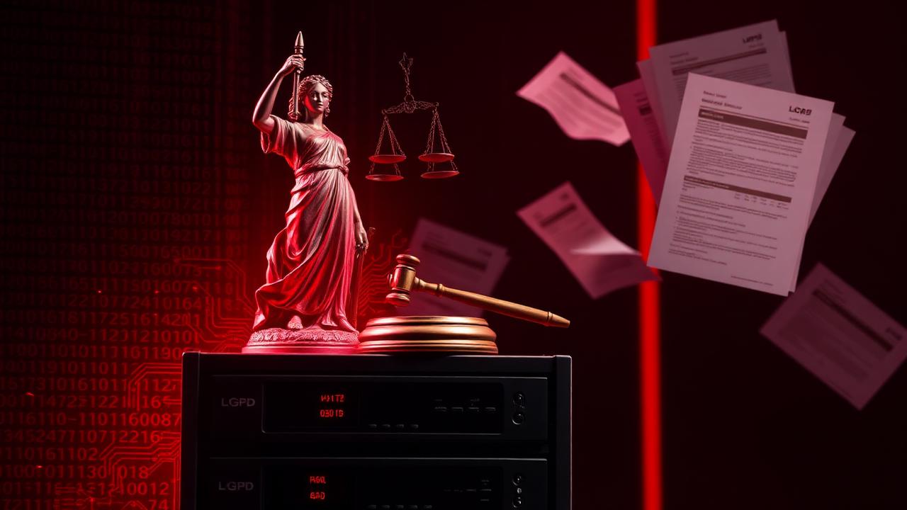 Estátua da justiça sobre rack de servidor com documentos LGPD flutuando ao fundo em luz vermelha