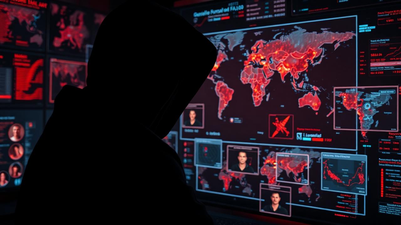 Investigador OSINT em frente a tela de correlação de identidades e mapas de calor mundiais