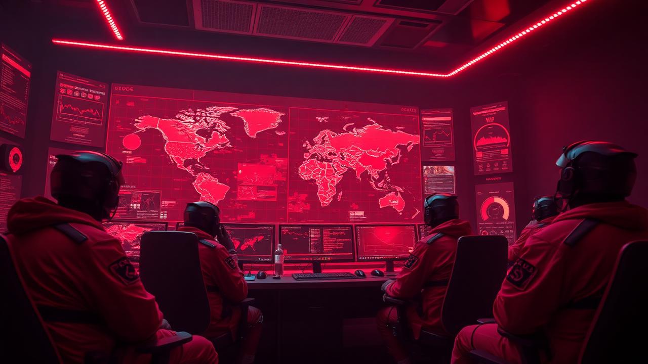 Sala de operações com equipe red team e parede de dashboards vermelhos sobre mapa mundial