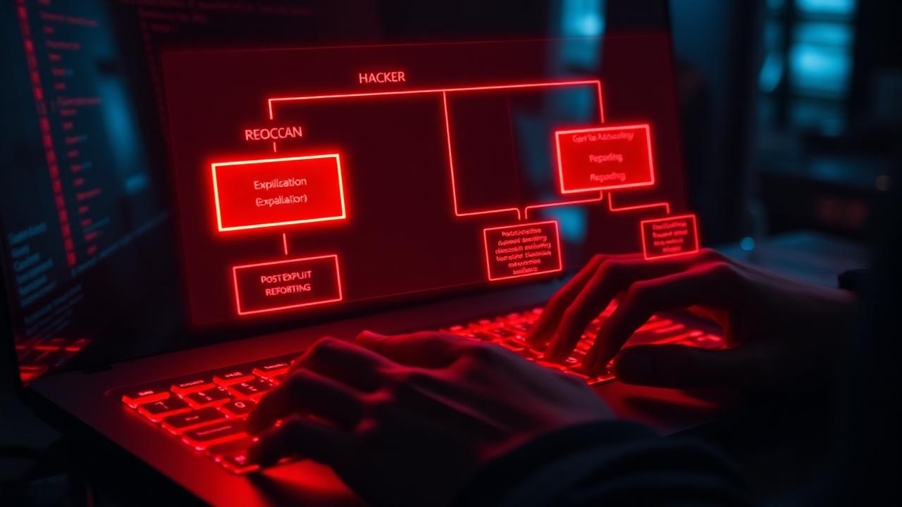 Mãos digitando em teclado vermelho com roadmap holográfico de habilidades red team